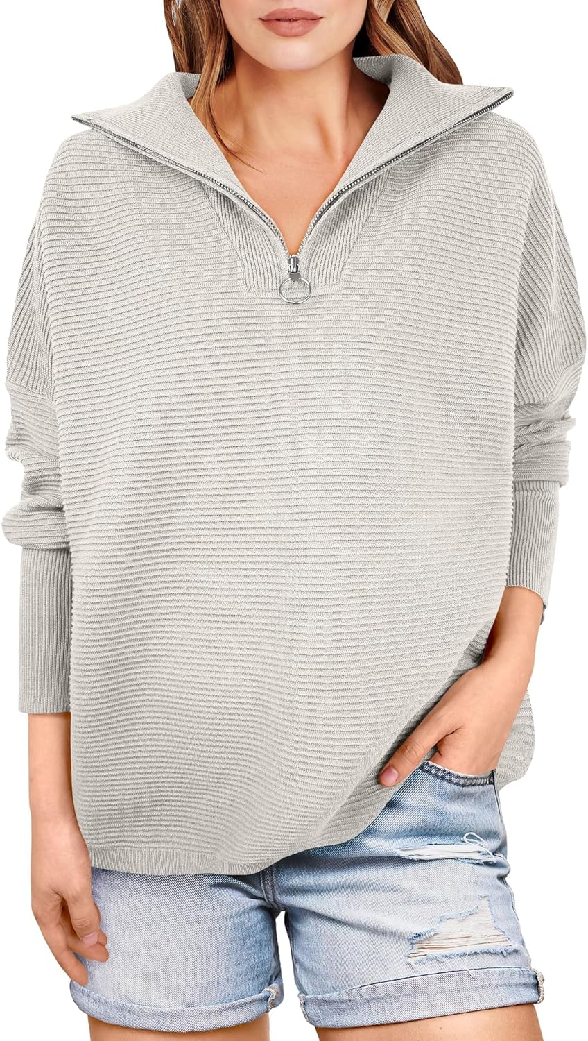 ANRABESS Women Quarter Zip Oversized Casual Loose Rib Knit Cozy Pullover Sweaters Top 2025 Fall Fashion Outfits Clothes