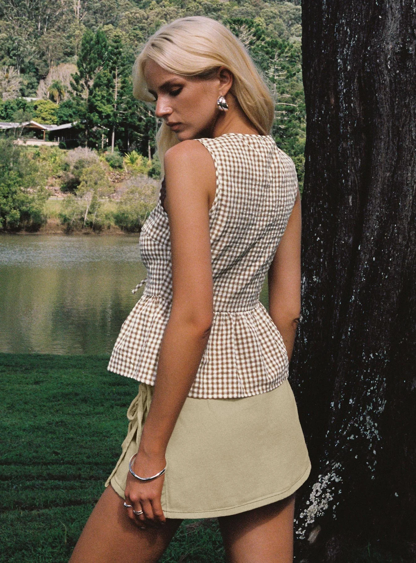 Rosellah Tie Up Top Brown Check