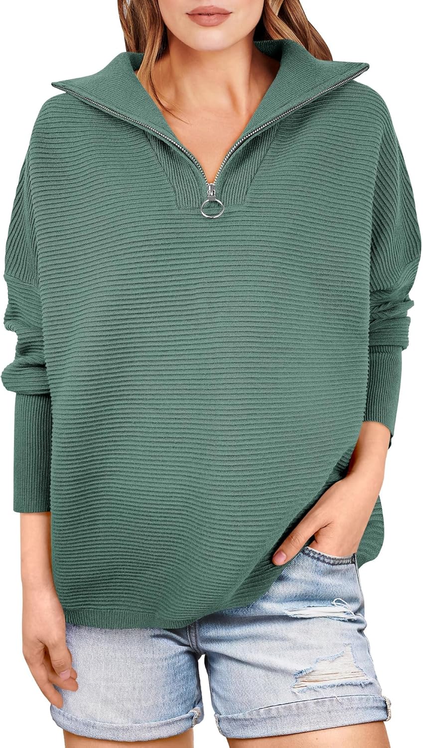 ANRABESS Women Quarter Zip Oversized Casual Loose Rib Knit Cozy Pullover Sweaters Top 2025 Fall Fashion Outfits Clothes