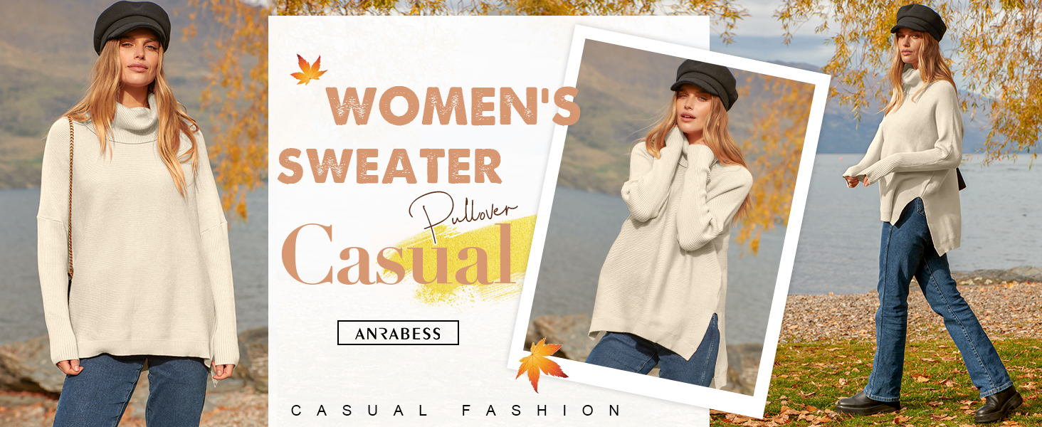 Women's Oversized Turtleneck Batwing Sleeve Spilt Casual Loose Knit Tunic Pullover Sweater