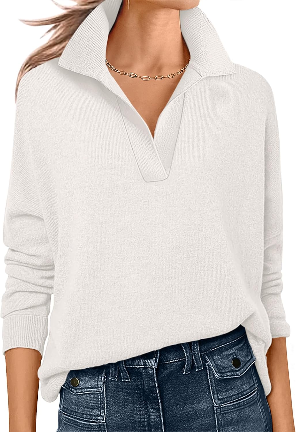 ANRABESS Womens Polo V Neck Long Sleeve Sweaters Lightweight Dressy Casual Business Basic Knit Pullover Top 2025 Fall Outfits