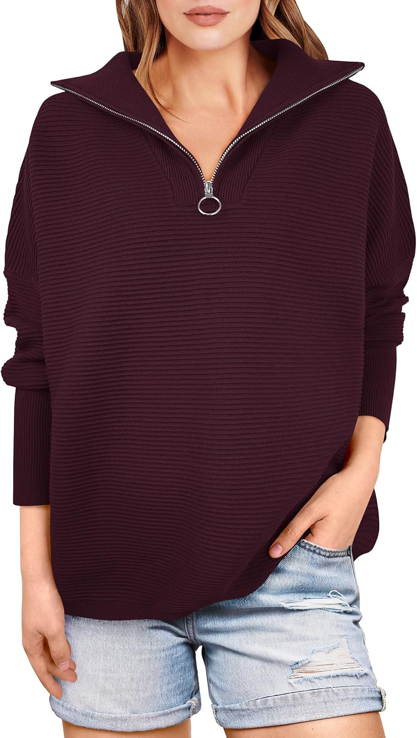 ANRABESS Women Quarter Zip Oversized Casual Loose Rib Knit Cozy Pullover Sweaters Top 2025 Fall Fashion Outfits Clothes
