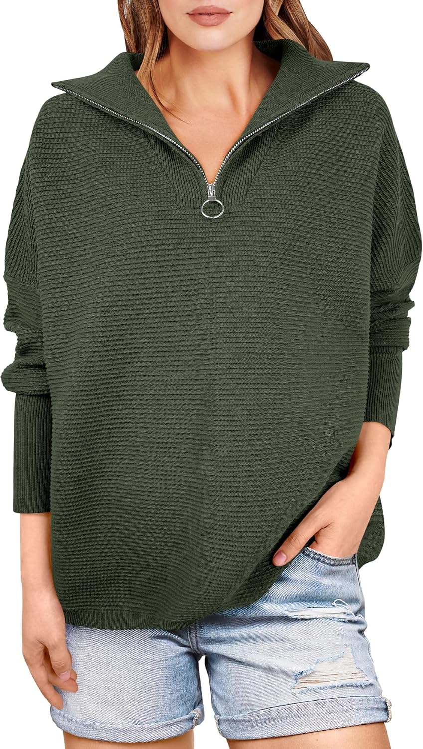 ANRABESS Women Quarter Zip Oversized Casual Loose Rib Knit Cozy Pullover Sweaters Top 2025 Fall Fashion Outfits Clothes