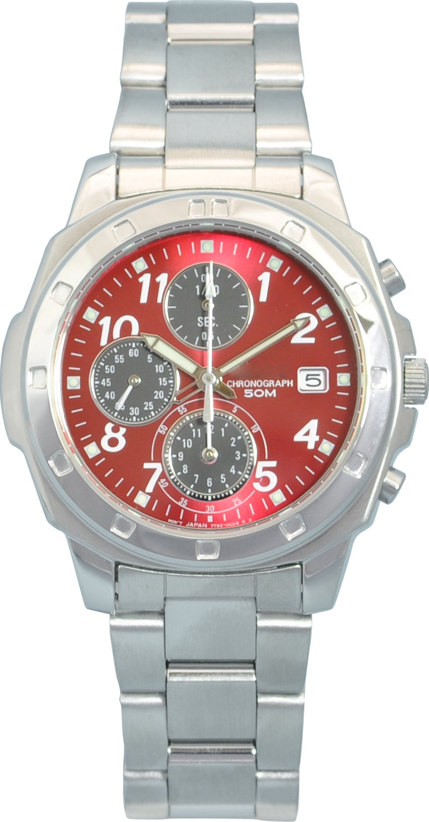 Red Dial 50M Chronograph Watch with Date Function