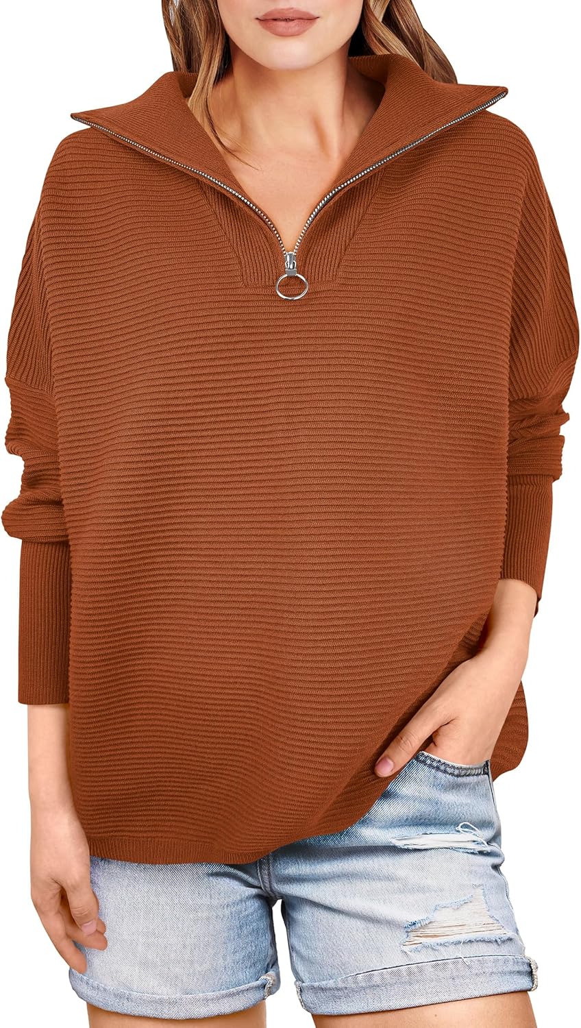 ANRABESS Women Quarter Zip Oversized Casual Loose Rib Knit Cozy Pullover Sweaters Top 2025 Fall Fashion Outfits Clothes