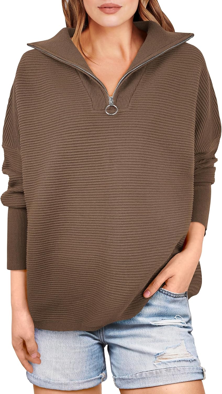 ANRABESS Women Quarter Zip Oversized Casual Loose Rib Knit Cozy Pullover Sweaters Top 2025 Fall Fashion Outfits Clothes