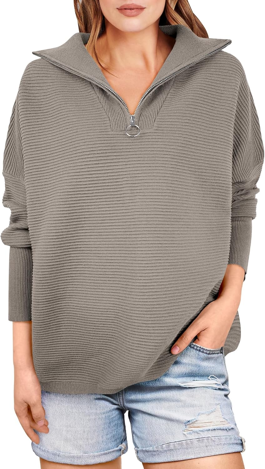 ANRABESS Women Quarter Zip Oversized Casual Loose Rib Knit Cozy Pullover Sweaters Top 2025 Fall Fashion Outfits Clothes