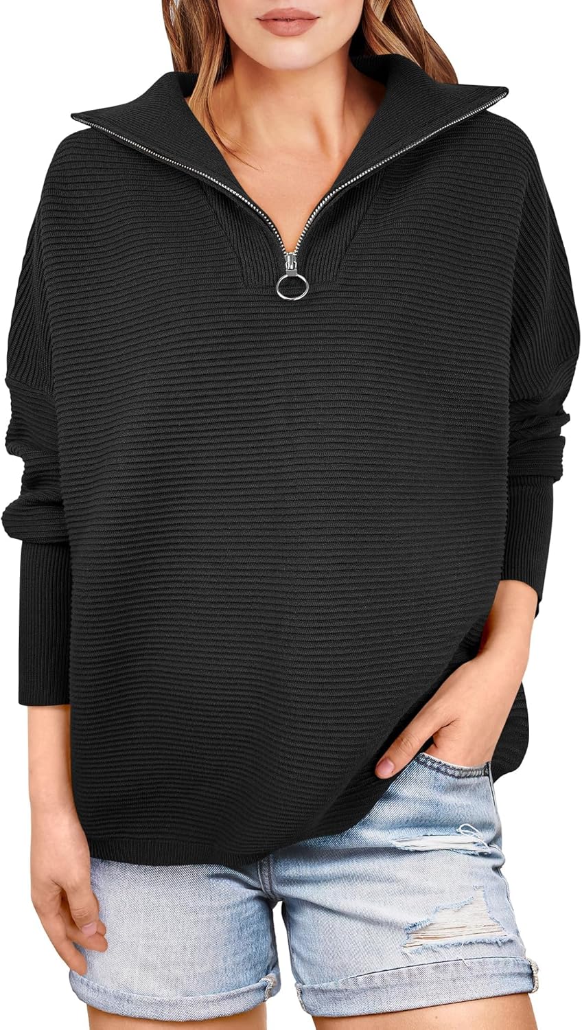 ANRABESS Women Quarter Zip Oversized Casual Loose Rib Knit Cozy Pullover Sweaters Top 2025 Fall Fashion Outfits Clothes
