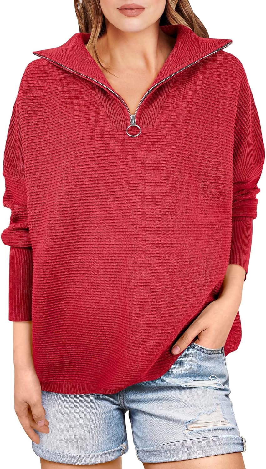 ANRABESS Women Quarter Zip Oversized Casual Loose Rib Knit Cozy Pullover Sweaters Top 2025 Fall Fashion Outfits Clothes