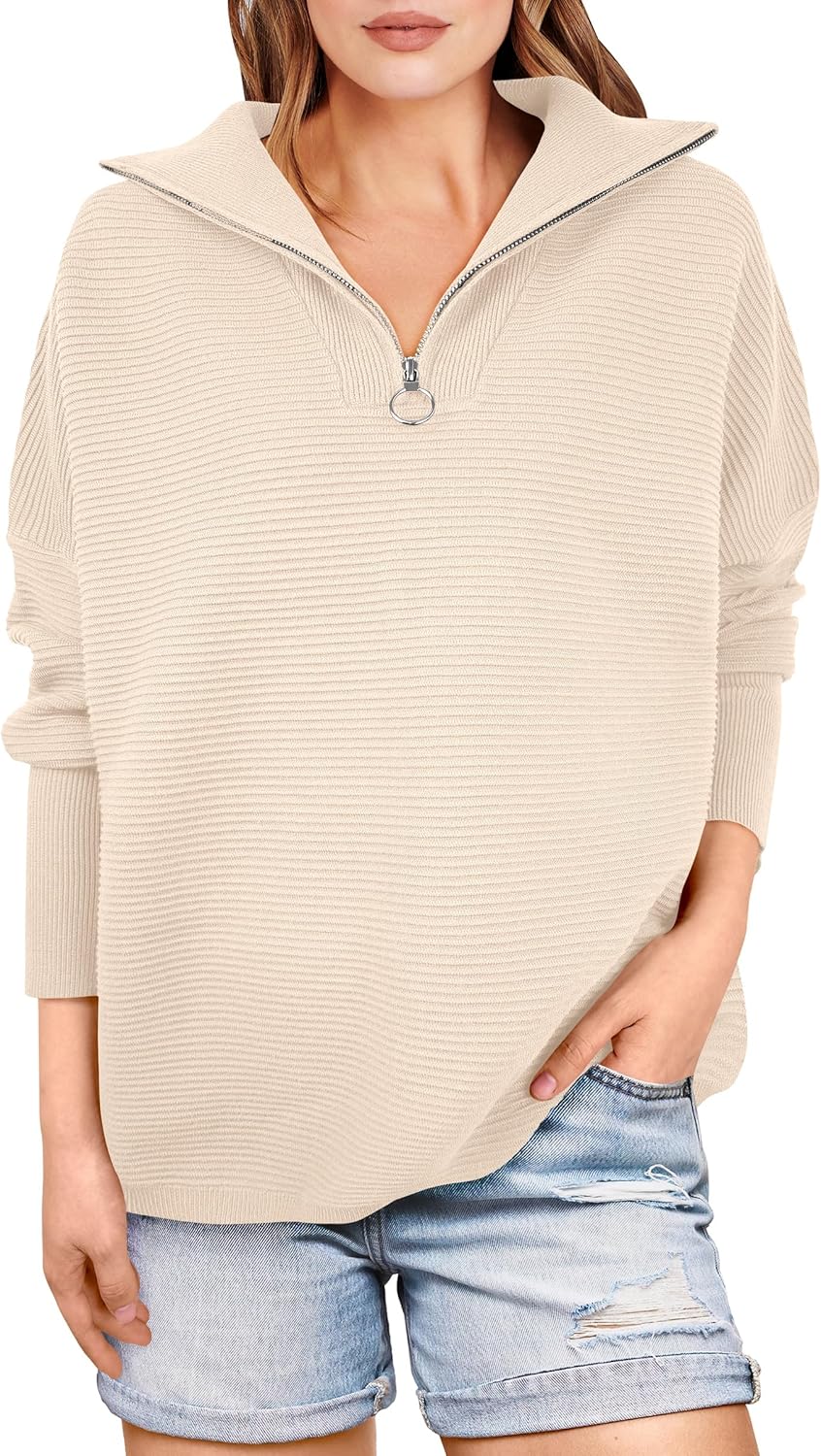 ANRABESS Women Quarter Zip Oversized Casual Loose Rib Knit Cozy Pullover Sweaters Top 2025 Fall Fashion Outfits Clothes