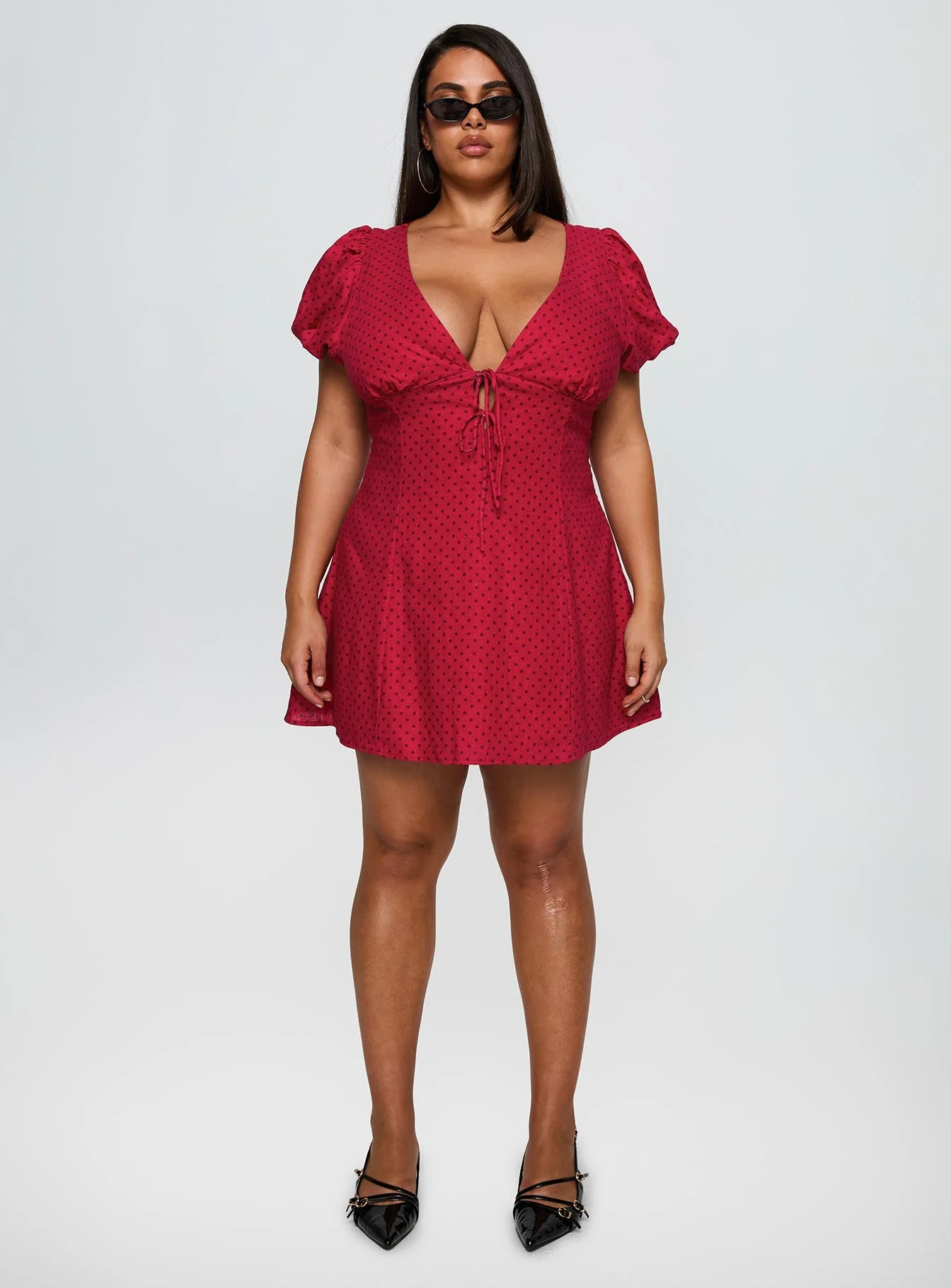 Beloved Puff Sleeve Linen Blend Mini Dress Red Polka Curve