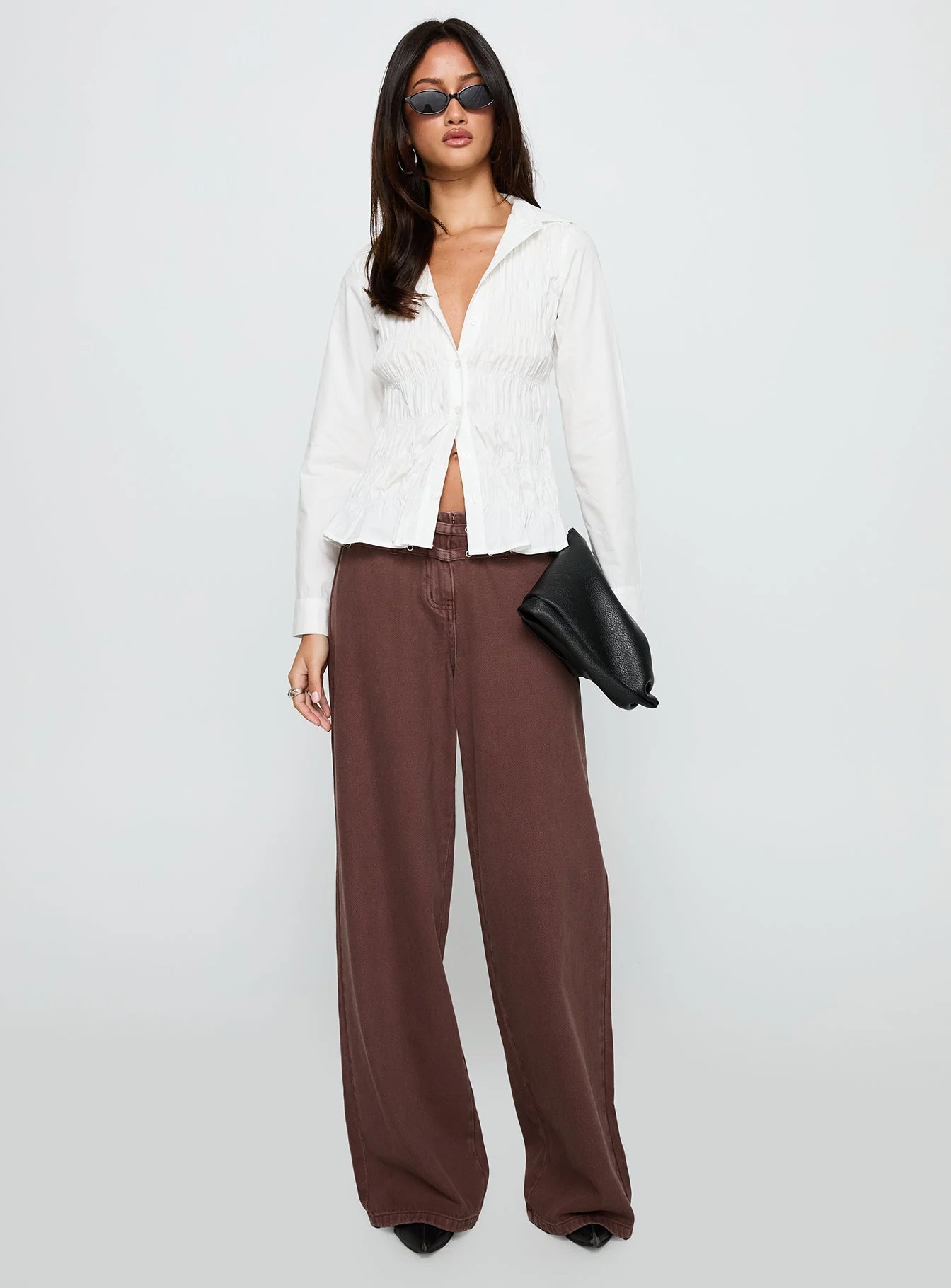 Cultivate Shirred Long Sleeve Top White