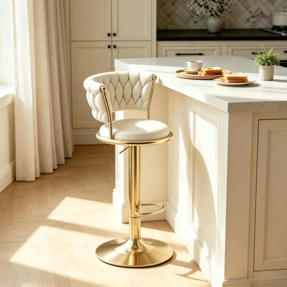 Velvet swivel chair, gold chair legs, kitchen island, and commercial ergonomic chair