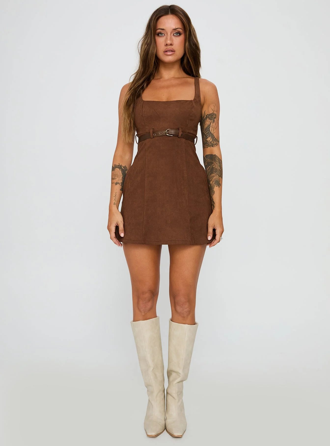 Way Back In Faux Suede Mini Dress Brown
