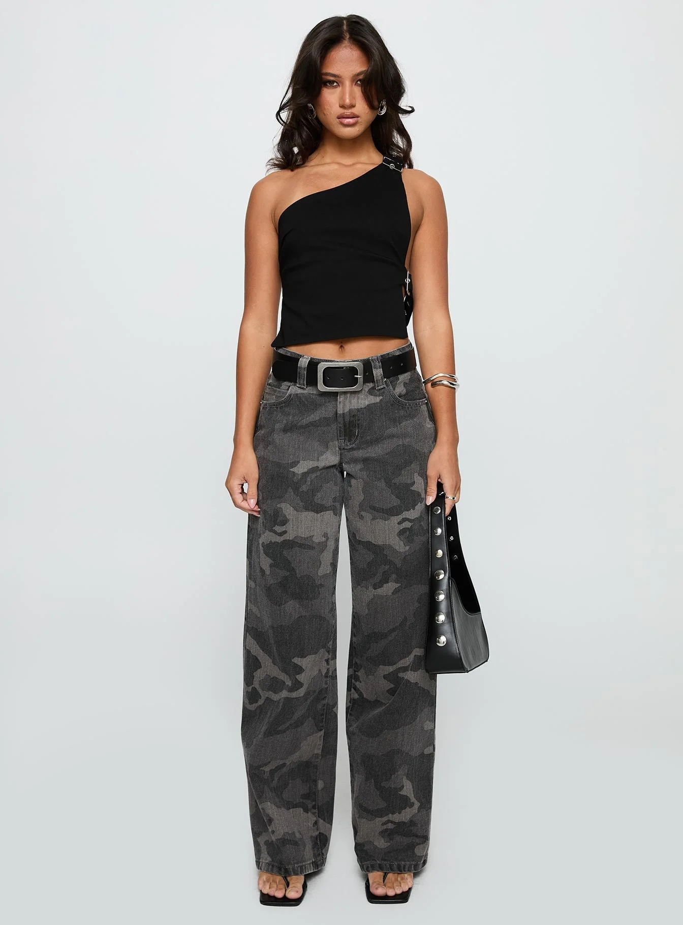 Buckled Down One Shoulder Top Black