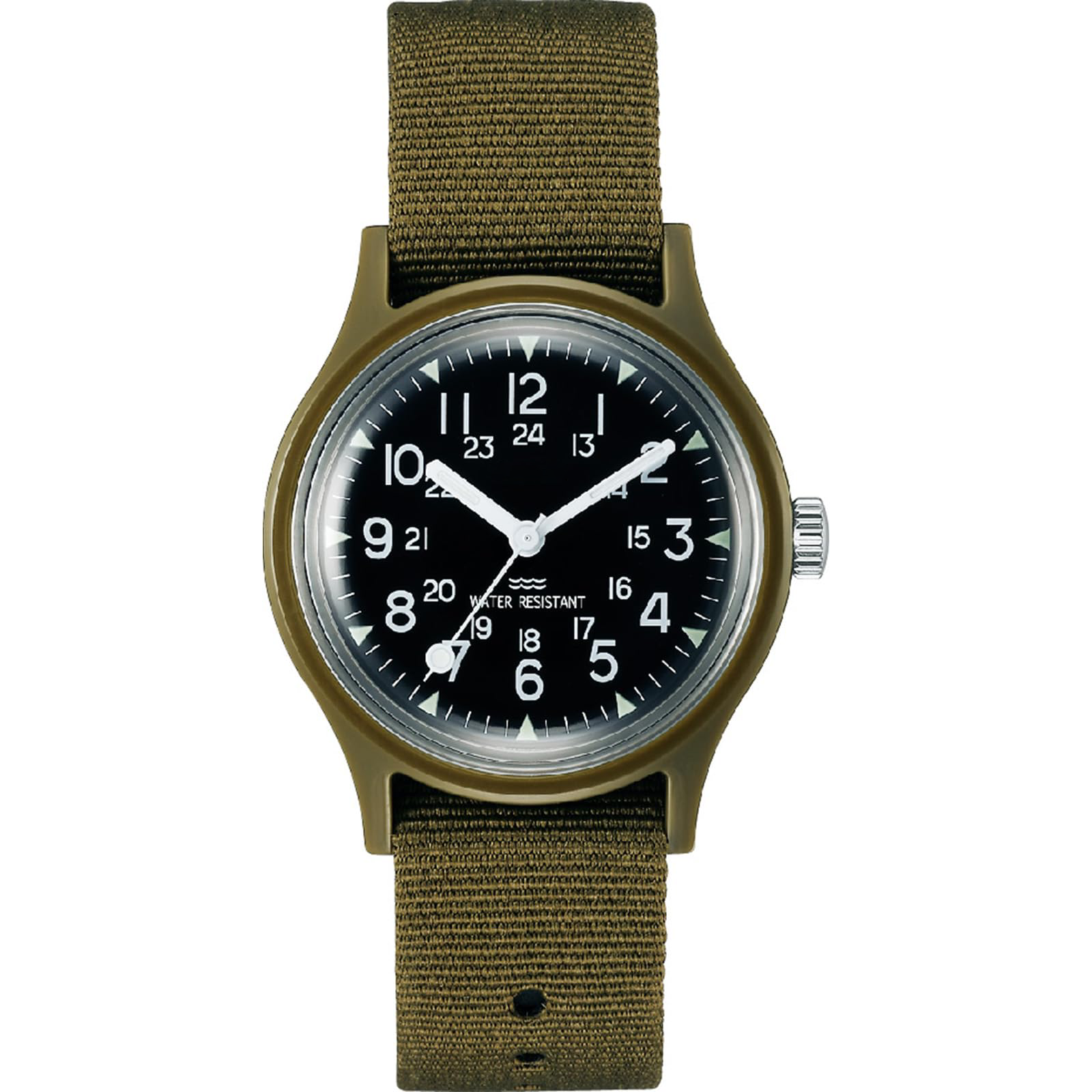 Vintage Olive Green Military Field Watch, 24-Hour Dial