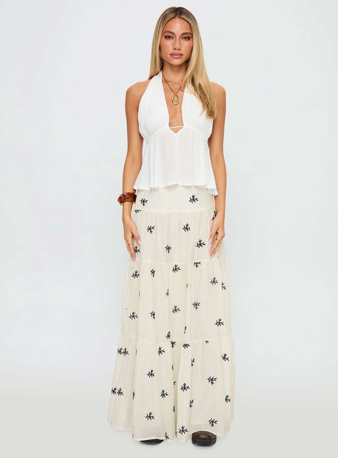 Cinnamon Embroidered Maxi Skirt Cream / Navy