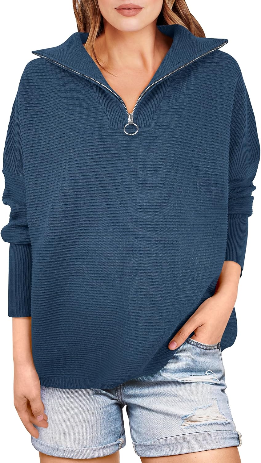 ANRABESS Women Quarter Zip Oversized Casual Loose Rib Knit Cozy Pullover Sweaters Top 2025 Fall Fashion Outfits Clothes