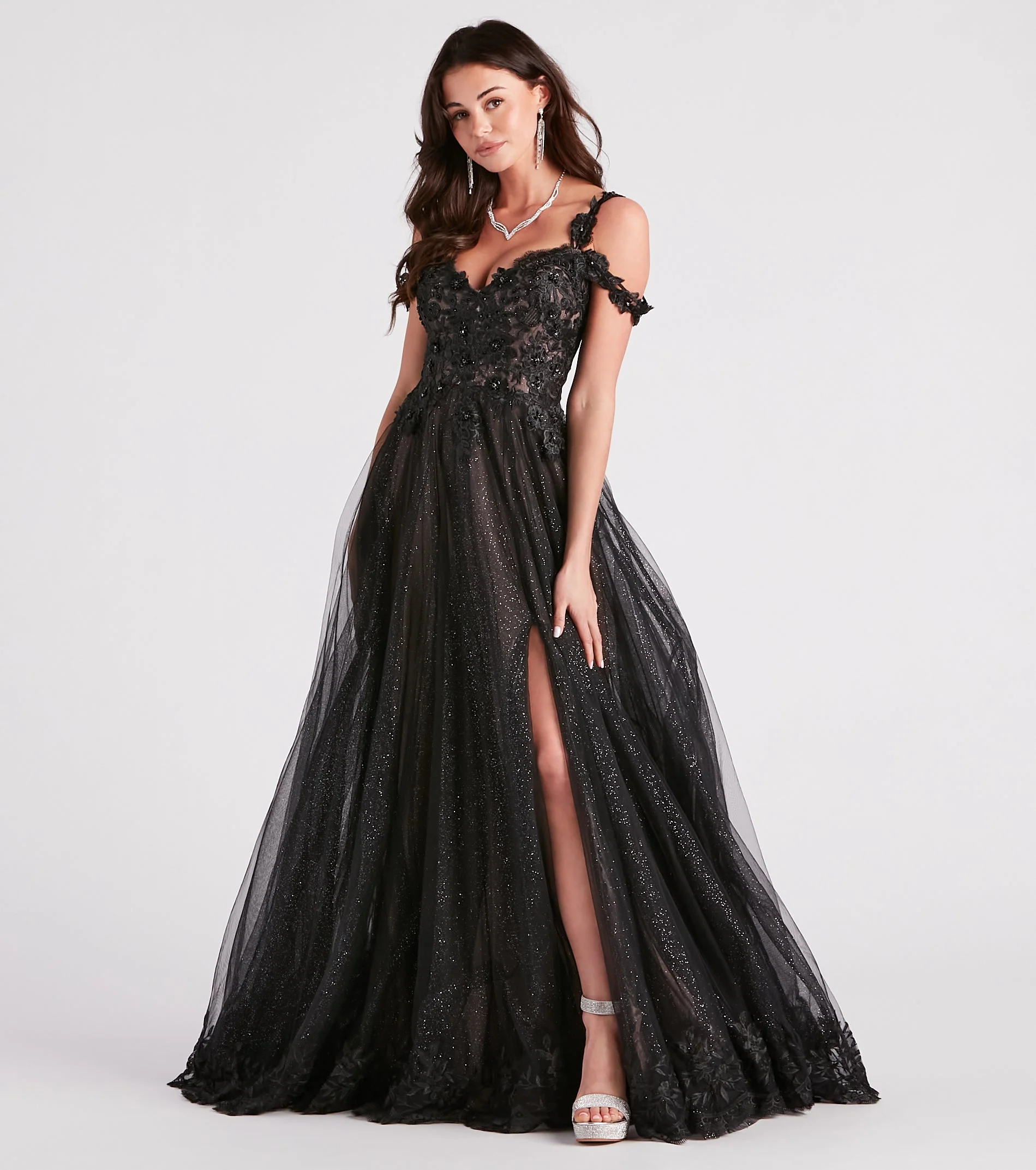 Adele Lace Glitter Cold Shoulder Ball Gown