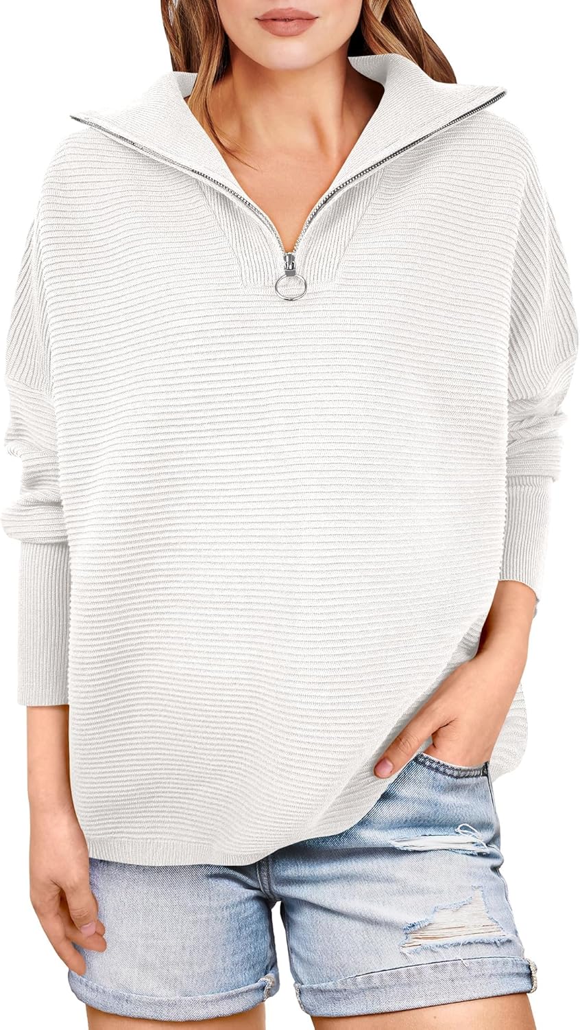 ANRABESS Women Quarter Zip Oversized Casual Loose Rib Knit Cozy Pullover Sweaters Top 2025 Fall Fashion Outfits Clothes