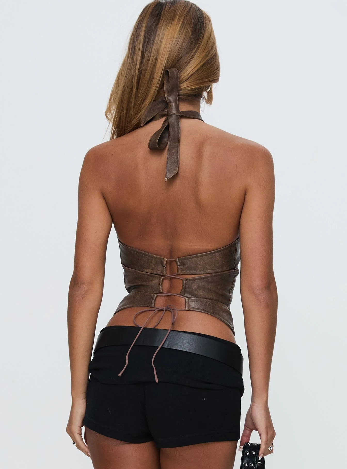 Treat You Better Ring Detail Faux Leather Top Brown