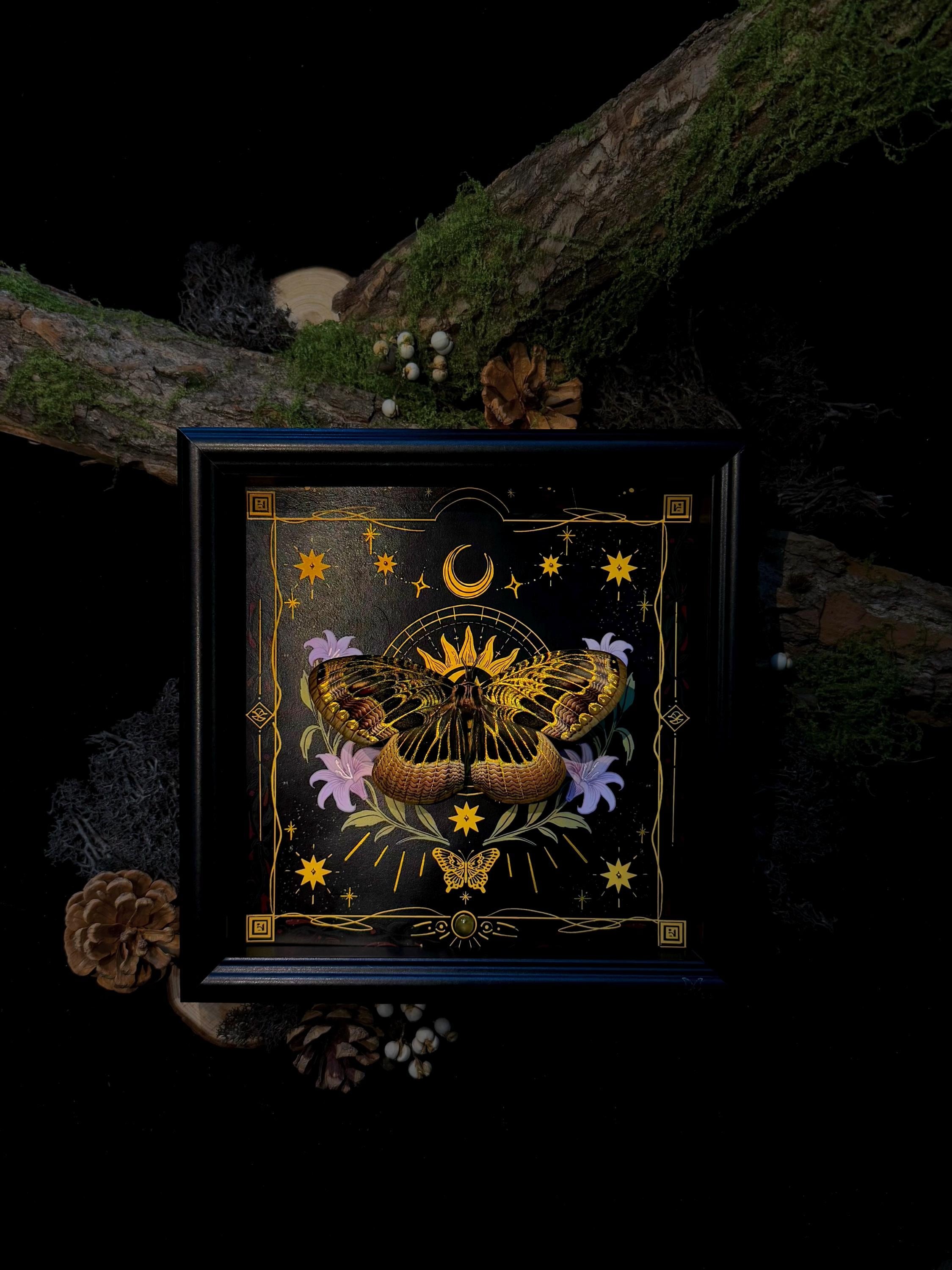 Bronze Silk Moth Art: Hand-Painted Gold, Celestial Tarot Decor