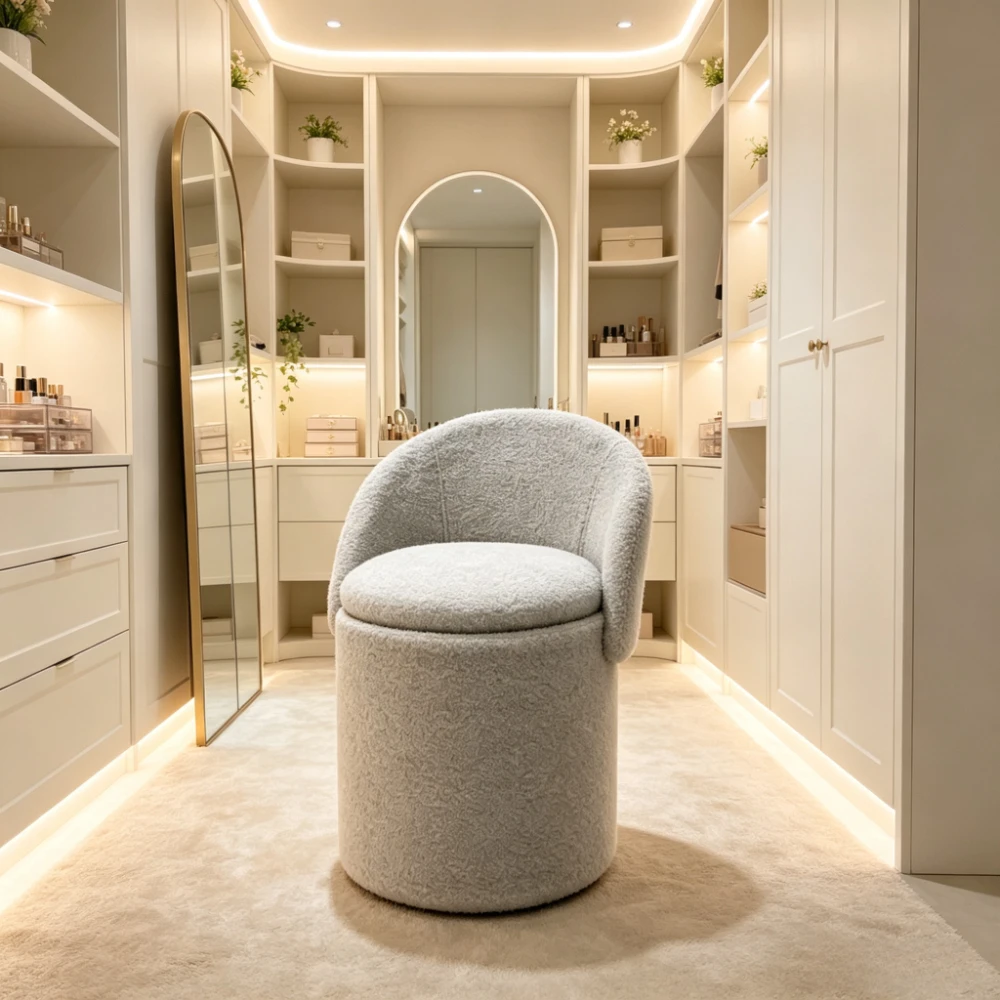 Round wool storage makeup stool with a foldable backrest