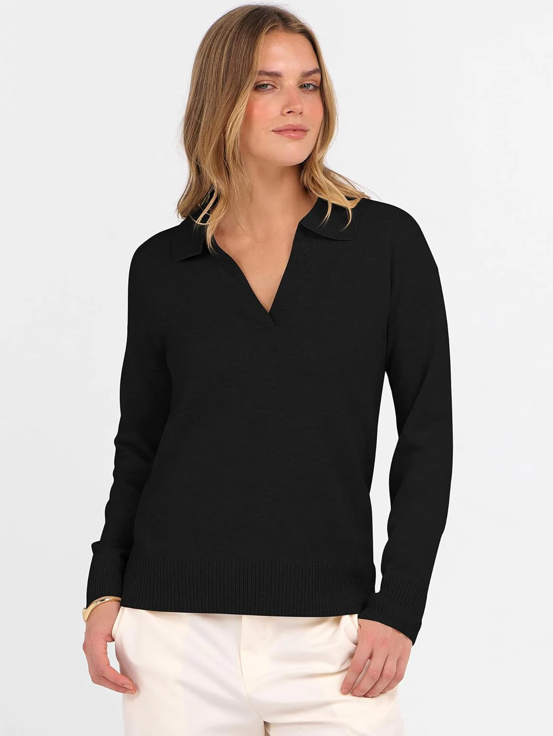 ANRABESS Womens Polo V Neck Long Sleeve Sweaters Lightweight Dressy Casual Business Basic Knit Pullover Top 2025 Fall Outfits