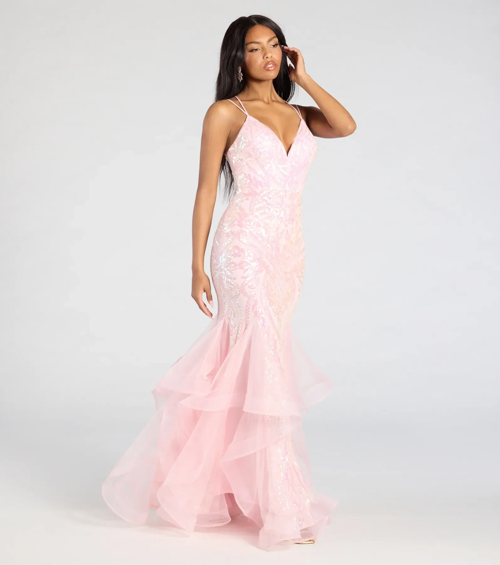 Sylvia Lace-Up Mermaid Tulle Ruffle Sequin Dress