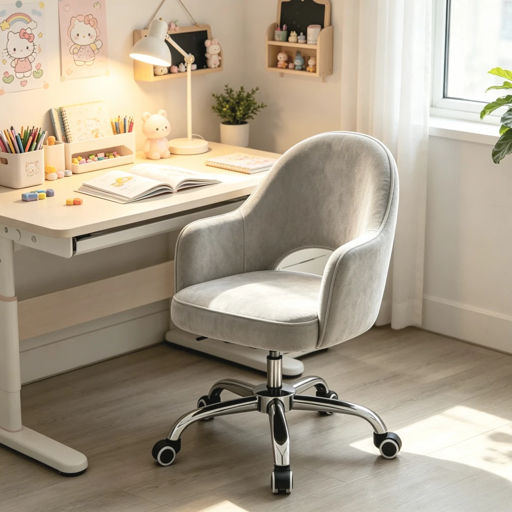 Minimalist ergonomic velvet office chair, height-adjustable swivel chair with silver metal legs