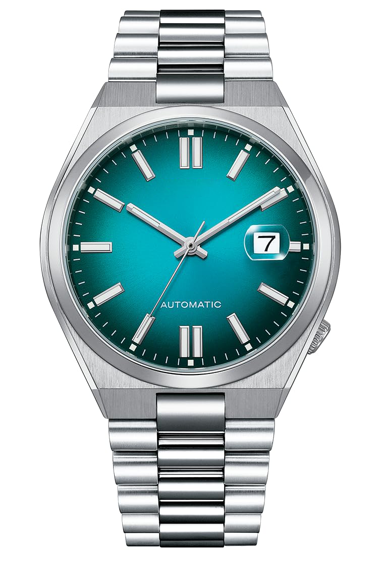 Teal Dial Automatic Stainless Steel Watch with Scalloped Bracelet
