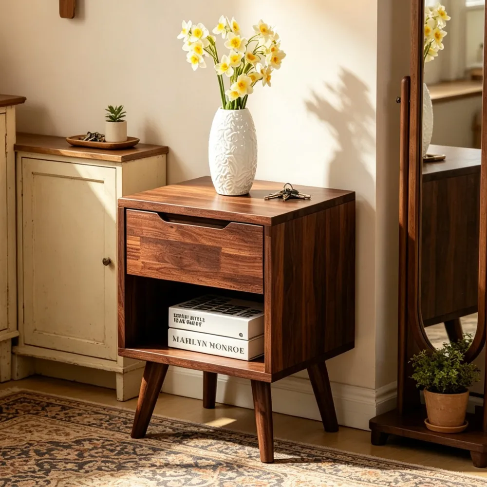 Sturdy Solid Wood Bedside Table: Double-Stack Storage Design for Modern Bedrooms and Small Apartments
