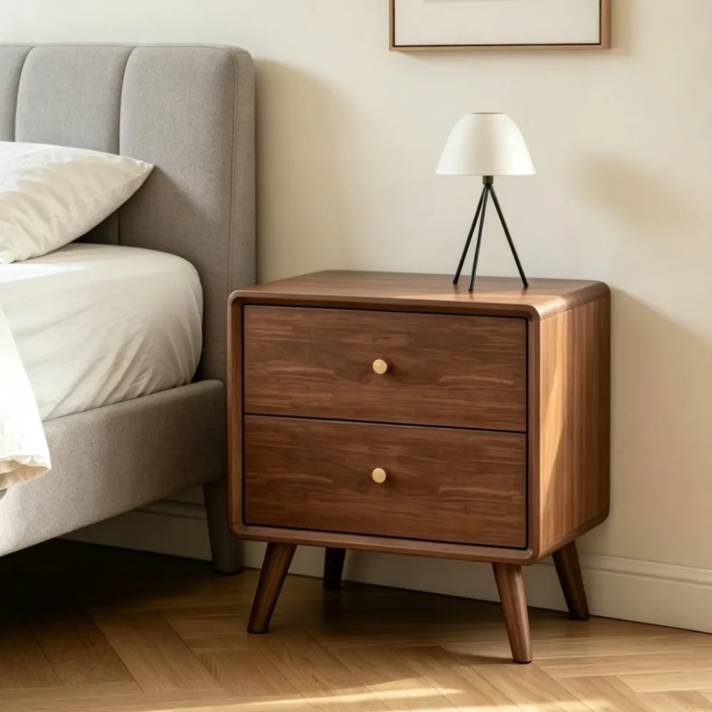 Safe and comfy solid oak nightstand with rounded corners and two drawers
