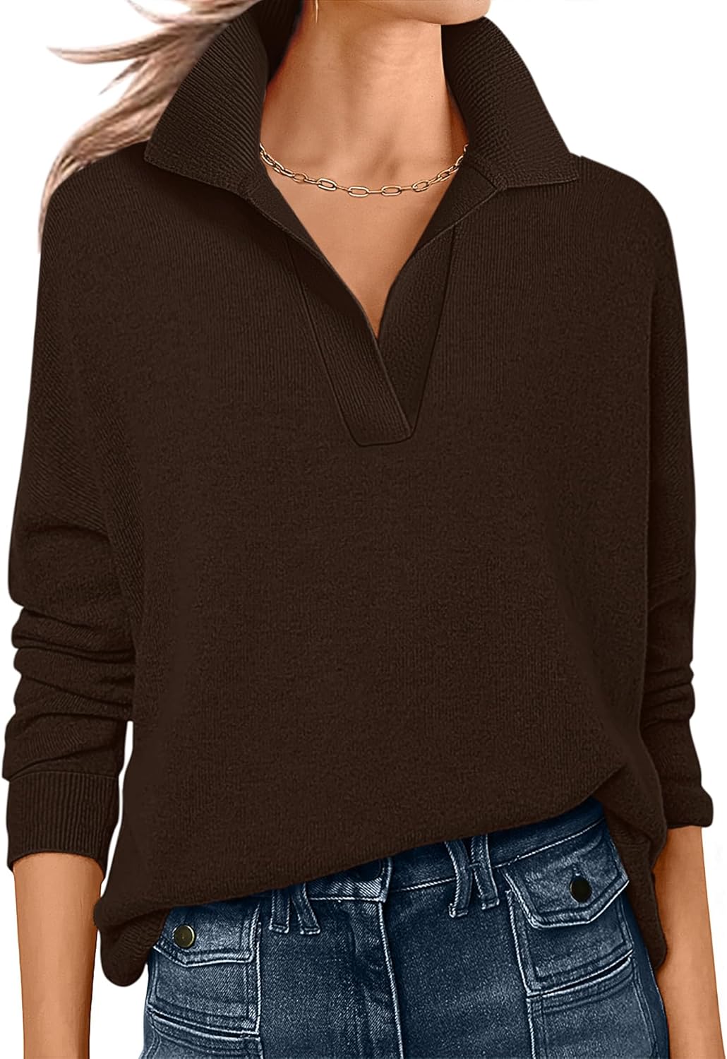 ANRABESS Womens Polo V Neck Long Sleeve Sweaters Lightweight Dressy Casual Business Basic Knit Pullover Top 2025 Fall Outfits