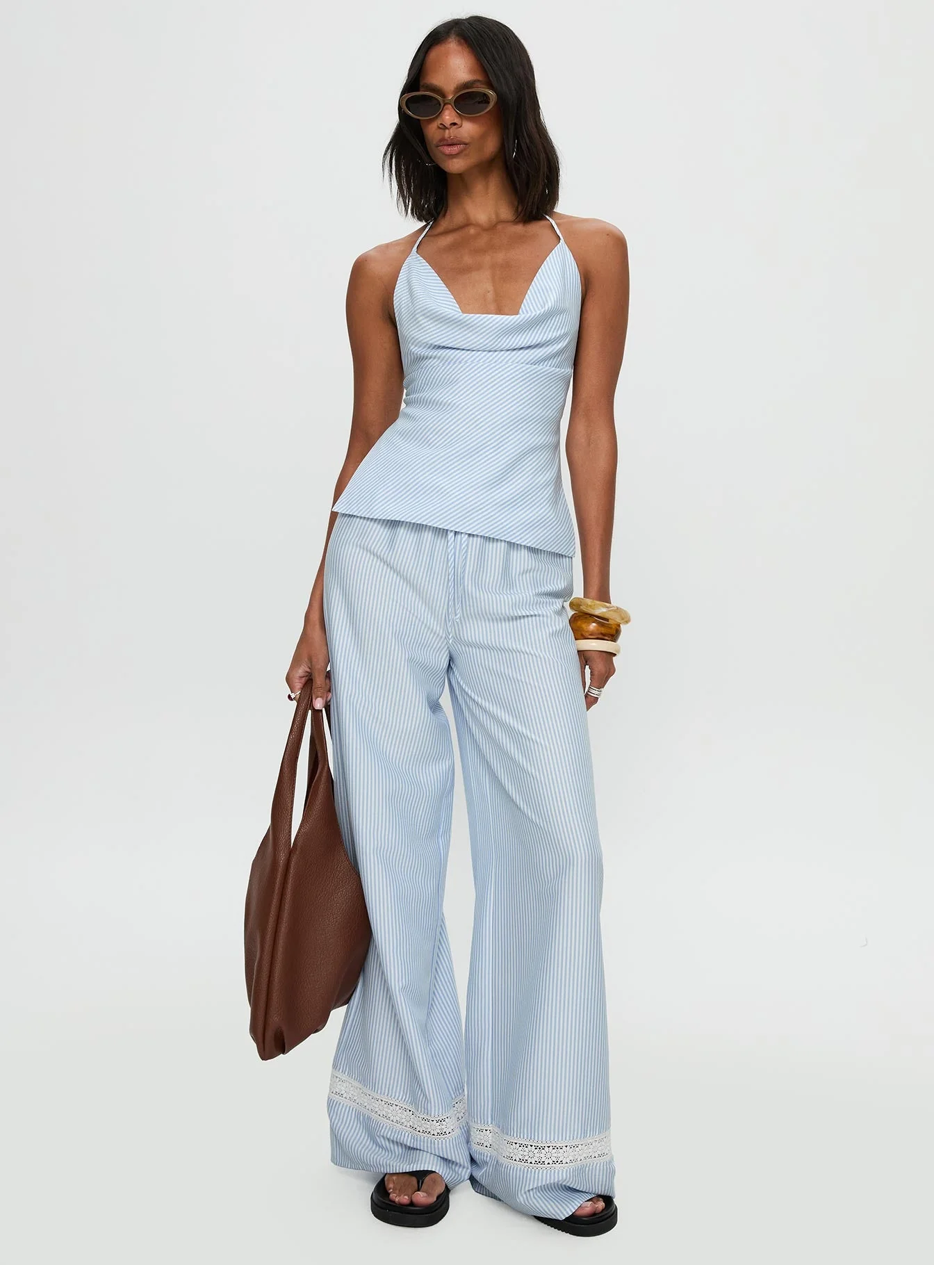 Summer Too Hot Cowl Neck Top Blue Stripe