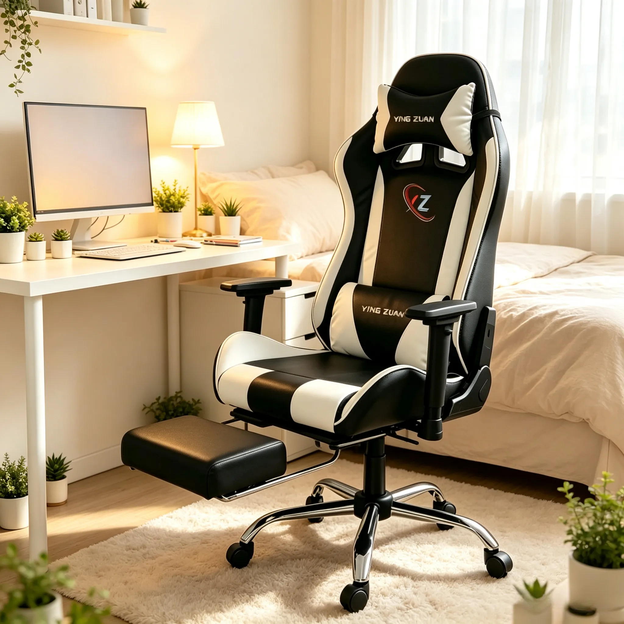 Ergonomic leather gaming chair with a latex seat cushion and metal legs
