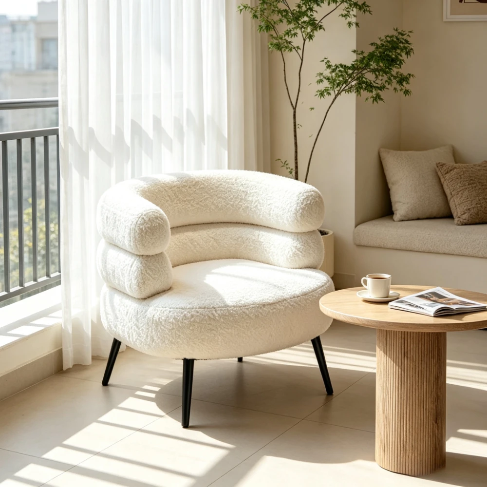 Cream Fluffy Lambswool Makeup Stool, Ergonomic Lumbar Support Chair with Sturdy Carbon Steel Legs