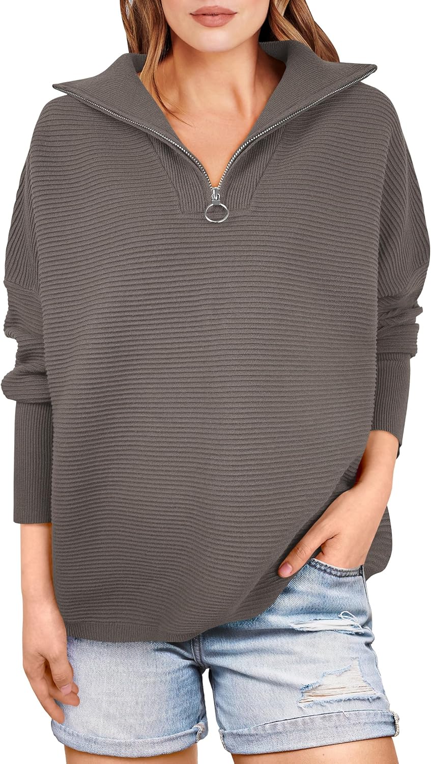 ANRABESS Women Quarter Zip Oversized Casual Loose Rib Knit Cozy Pullover Sweaters Top 2025 Fall Fashion Outfits Clothes