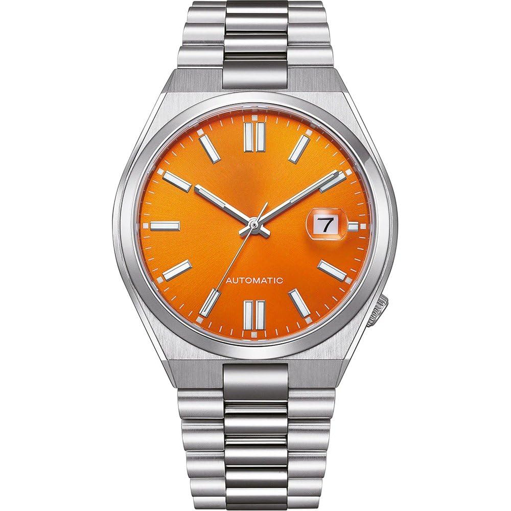 Orange Sunburst Dial Automatic Stainless Steel Watch