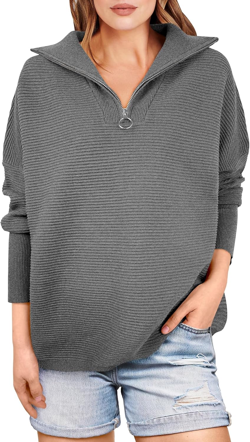 ANRABESS Women Quarter Zip Oversized Casual Loose Rib Knit Cozy Pullover Sweaters Top 2025 Fall Fashion Outfits Clothes