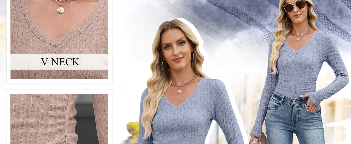 ANRABESS Womens Long Sleeve Shirts V Neck Ribbed Knit Slim Fit Lightweight Sweater