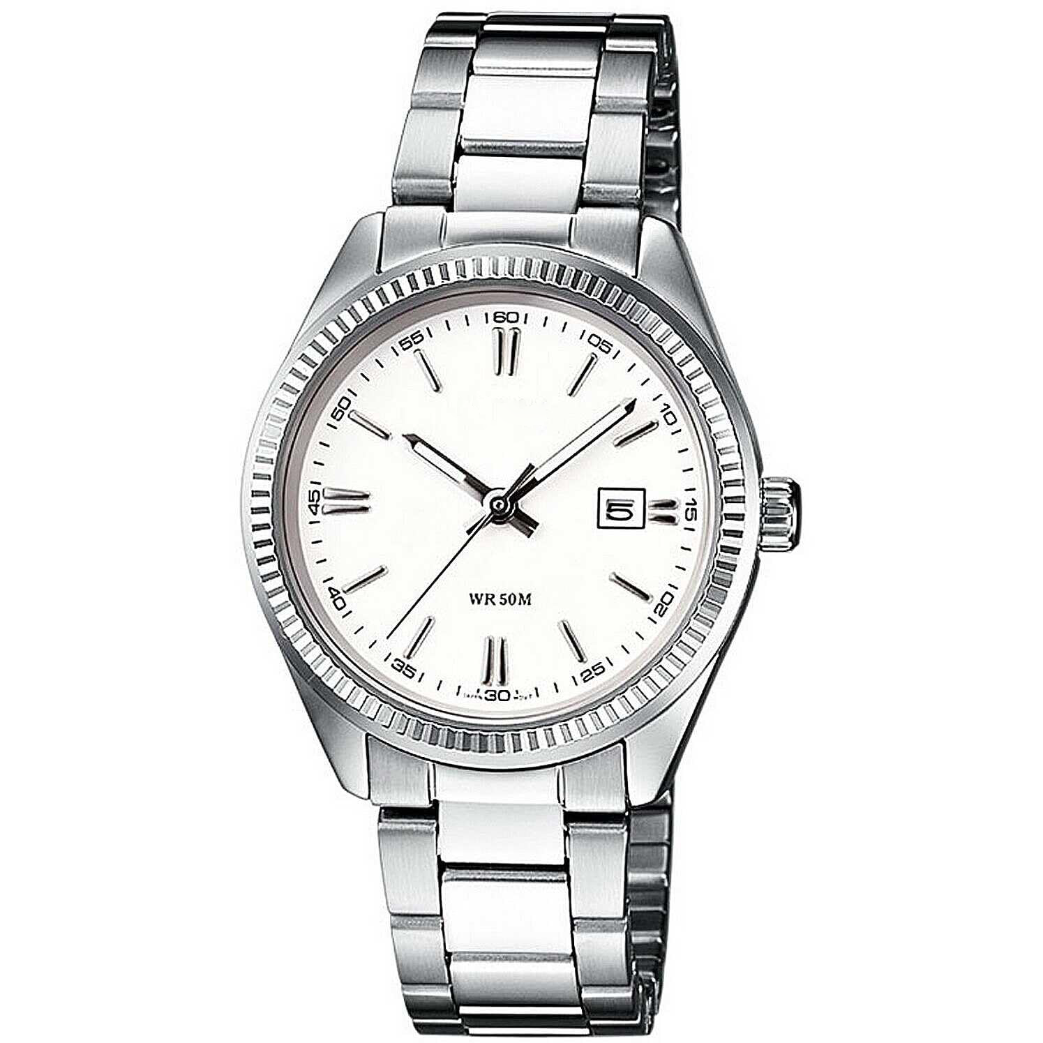 Silver Fluted Bezel Dress Watch with White Dial