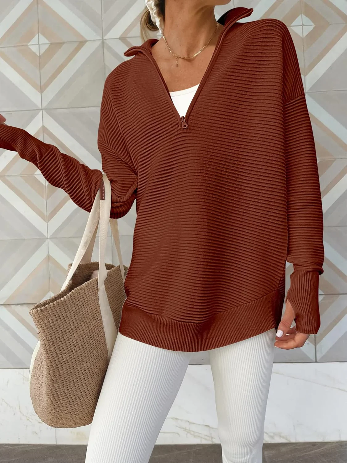 ANRABESS Womens Long Sleeve Quarter Zip Pullover Sweater Casual Loose V Neck Collared Ribbed Knit Jumper Tops Thumb Hole