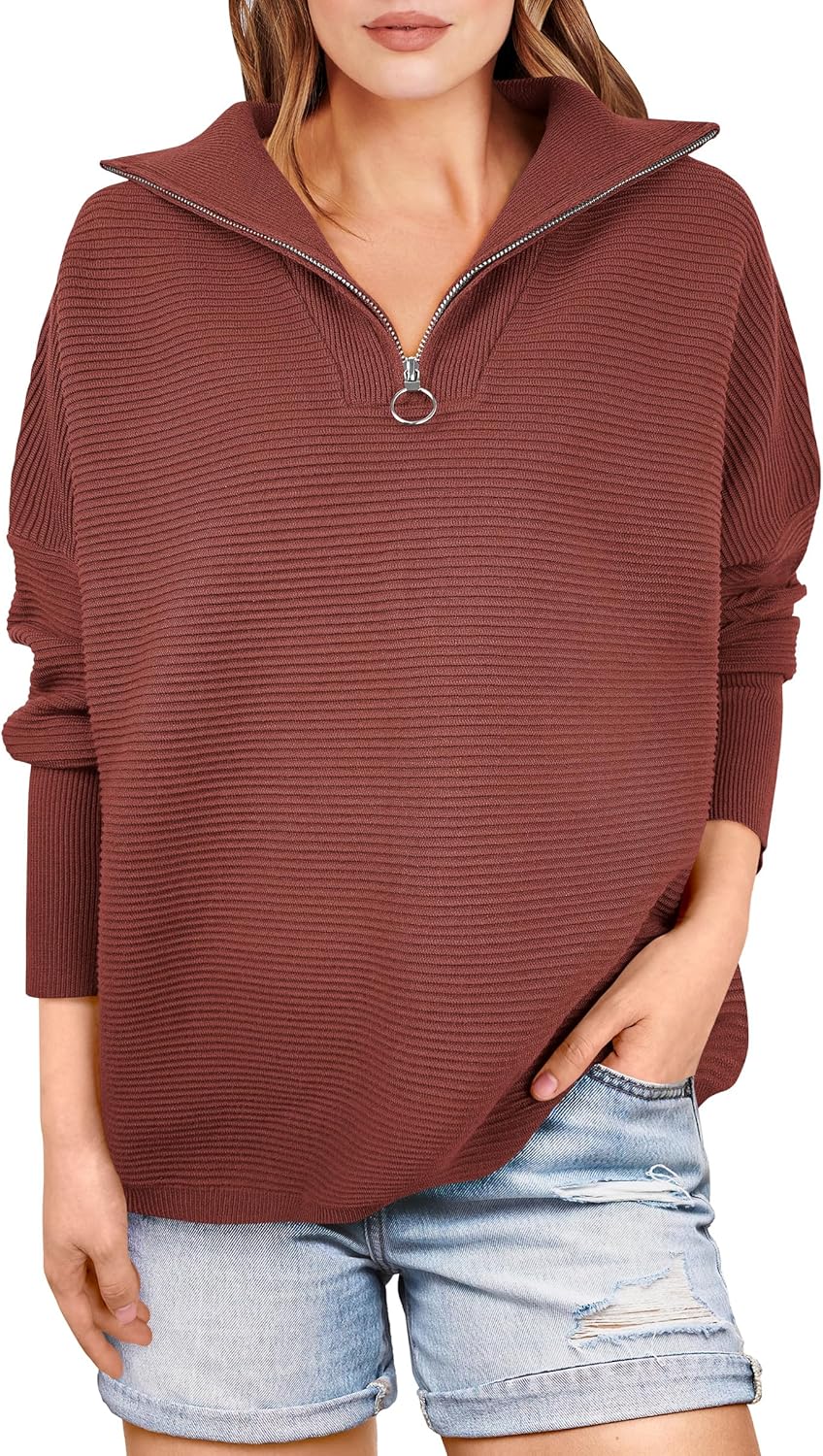 ANRABESS Women Quarter Zip Oversized Casual Loose Rib Knit Cozy Pullover Sweaters Top 2025 Fall Fashion Outfits Clothes