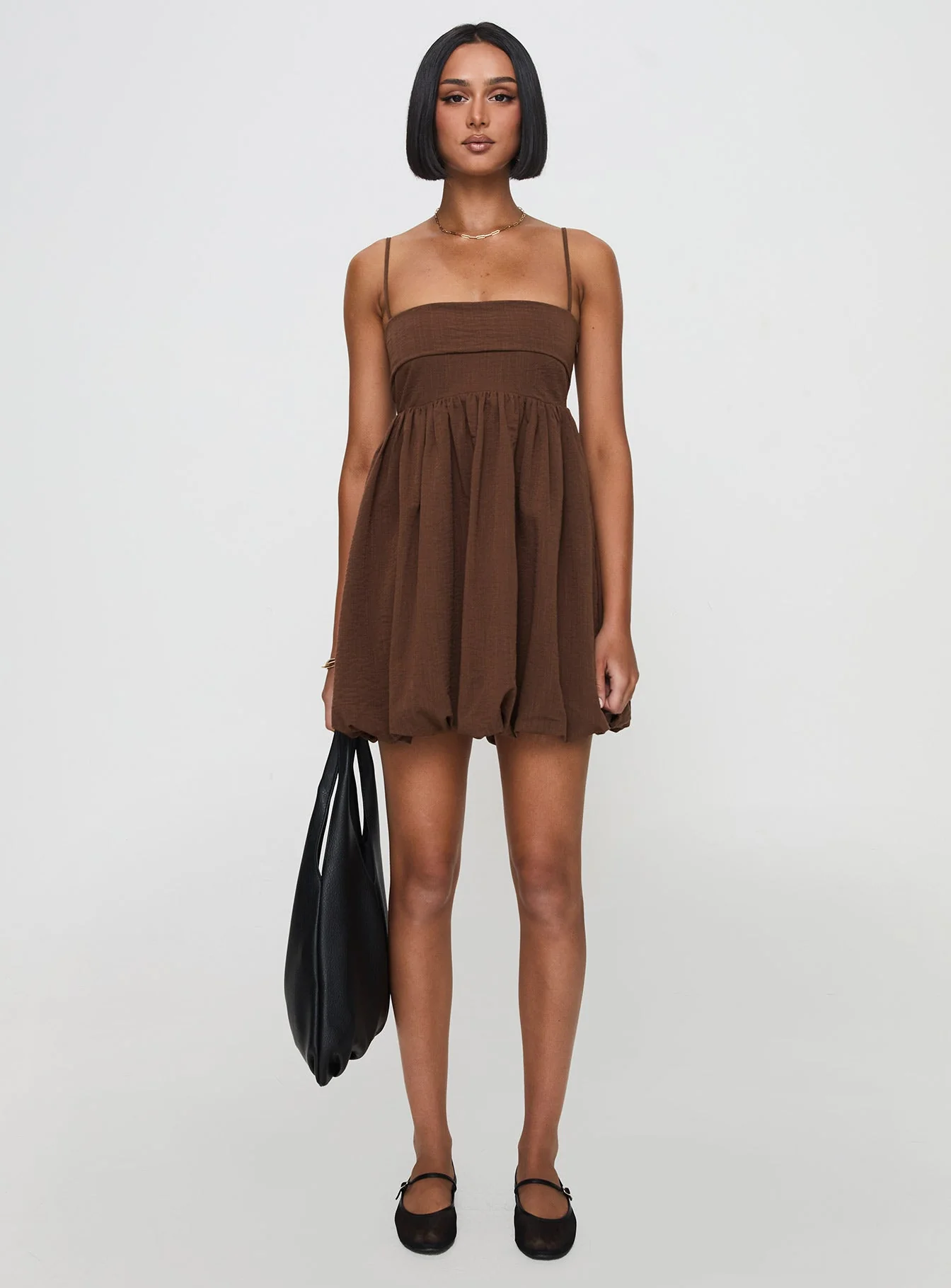 Layken Bubble Hem Mini Dress Chocolate Petite