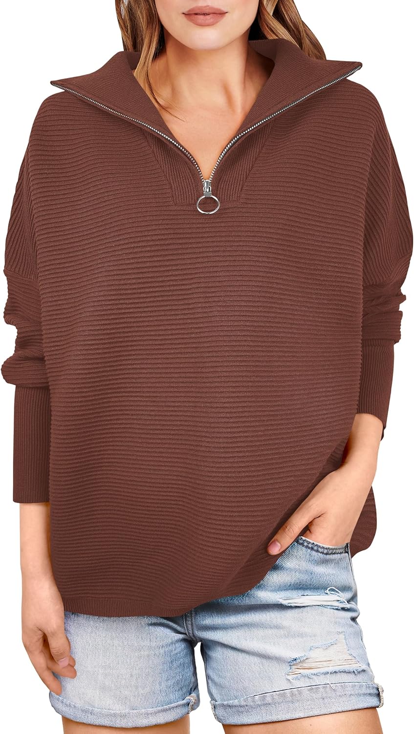 ANRABESS Women Quarter Zip Oversized Casual Loose Rib Knit Cozy Pullover Sweaters Top 2025 Fall Fashion Outfits Clothes
