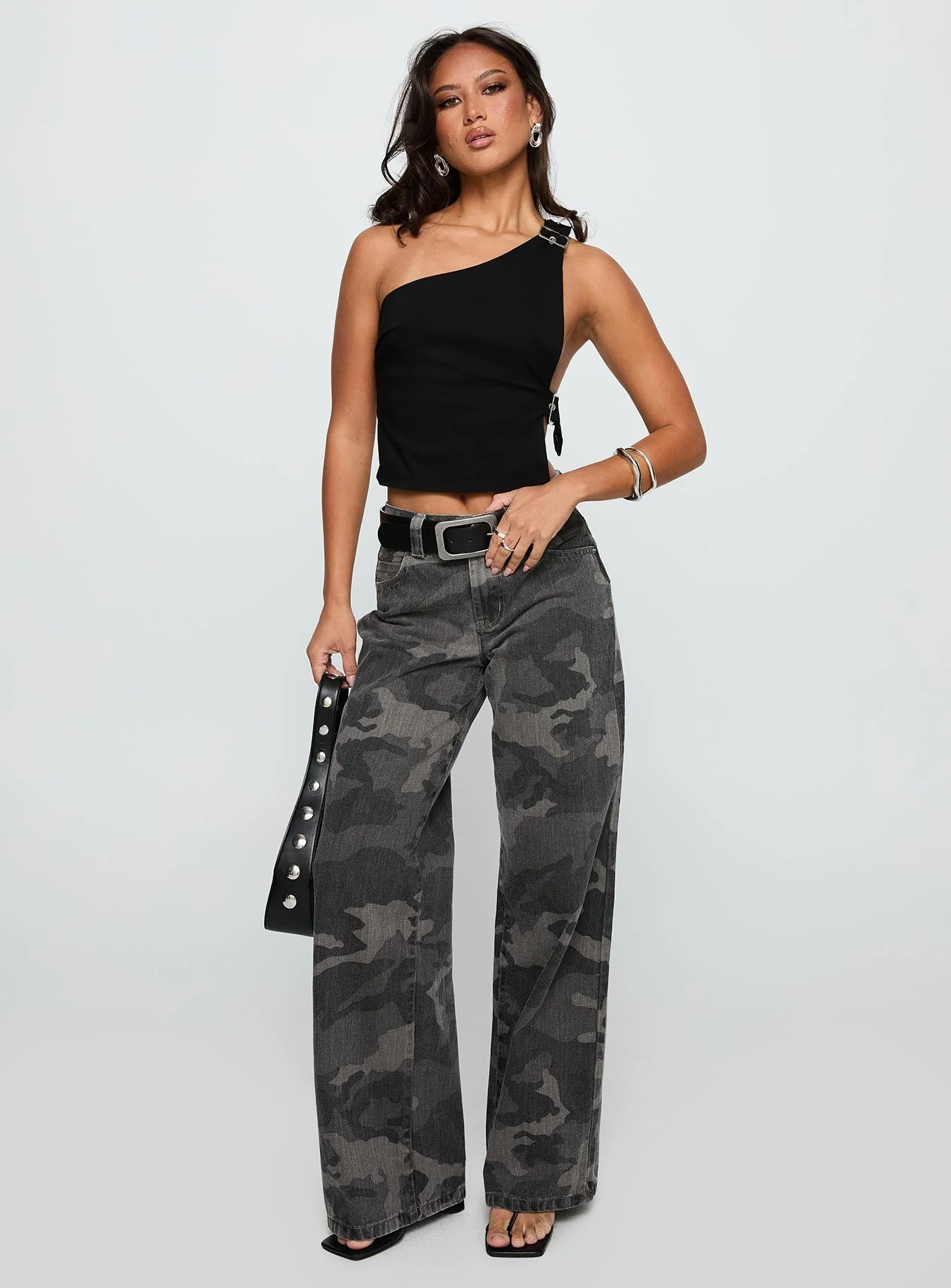 Buckled Down One Shoulder Top Black