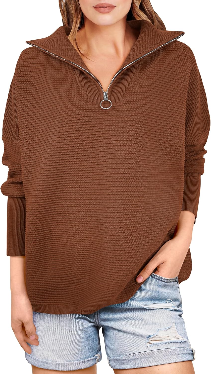 ANRABESS Women Quarter Zip Oversized Casual Loose Rib Knit Cozy Pullover Sweaters Top 2025 Fall Fashion Outfits Clothes