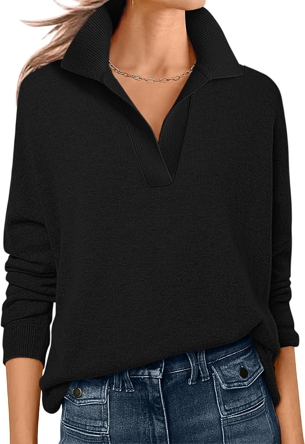 ANRABESS Womens Polo V Neck Long Sleeve Sweaters Lightweight Dressy Casual Business Basic Knit Pullover Top 2025 Fall Outfits